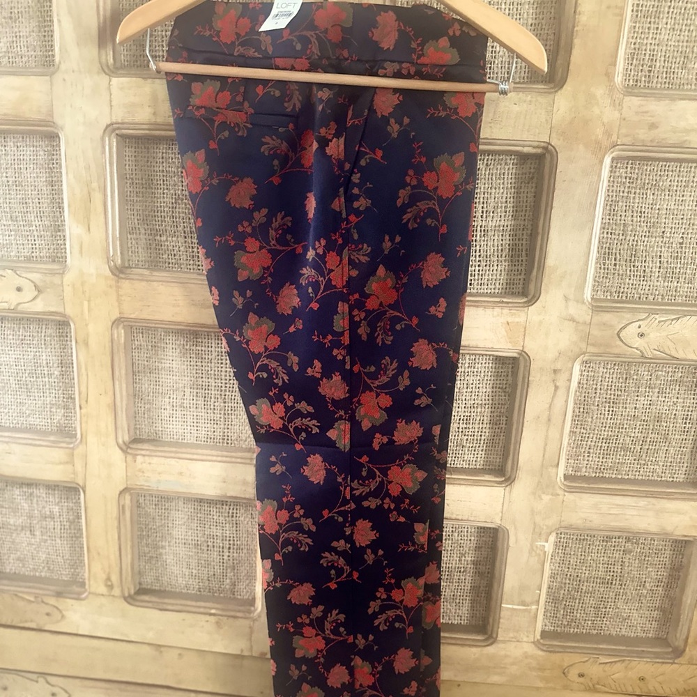 Loft dressy fabric black floral straight leg pants